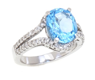 Blue Topaz And Diamond Rings - 14k White Gold Oval Blue Topaz And Diamond Ring