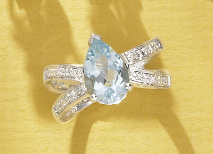 Aquamarine White Gold Rings - 14kt White Gold Pear Shaped Aquamarine & Diamond Ring