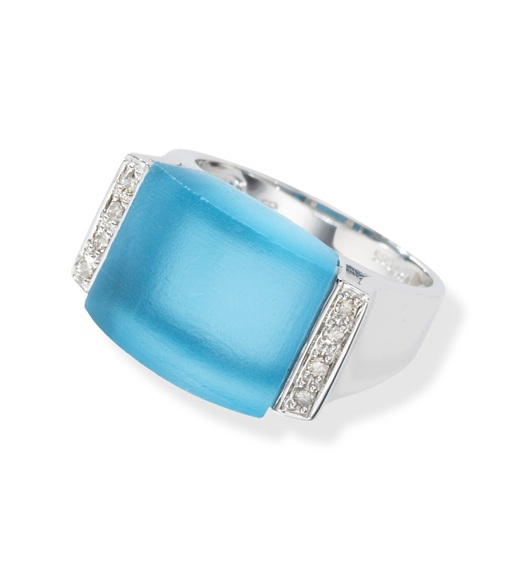 Diamond And Blue Topaz Rings - 14kt White Gold Frosted Blue Topaz And Diamond Ring