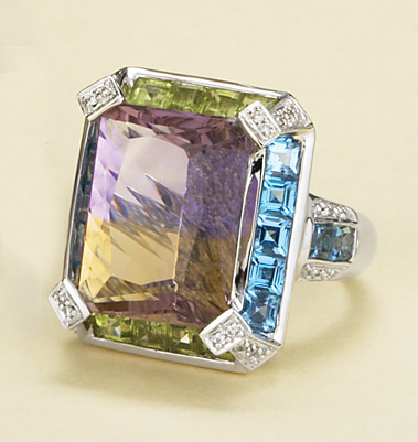 Blue Topaz White Gold Rings - 18k White Gold Ametrine Ring With Peridot And Blue Topaz