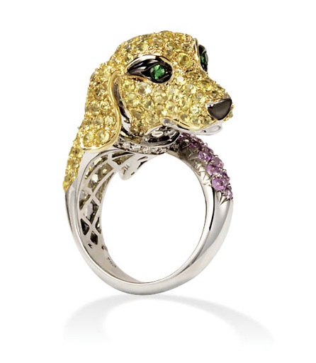 Gemstones - 18k White Gold Dog Ring With Yellow Sapphires Diamonds And Other Gemstones