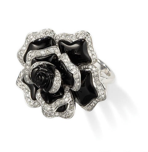 Rose Gold Rings - 18kt White Gold Black Onyx And Diamond Rose Ring