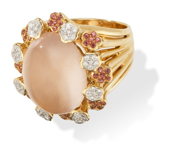 Gold Rose Rings - 18kt Rose Gold Rose Quartz Cabochon Pink Topaz & Diamond Ring