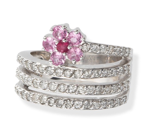 Sapphire Gold Rings - 14kt White Gold Diamond & Pink Sapphire Flower Ring