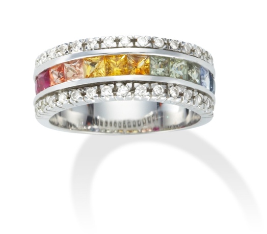 Sapphire Gold Rings - 14k White Gold Multi Sapphire Ring With Diamonds