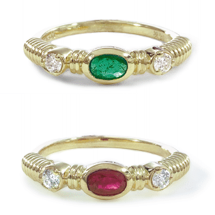 Gold Stack Rings - 14k Gold Diamond Stack Ring With Oval Ruby Sapphire Or Emerald Gemstone