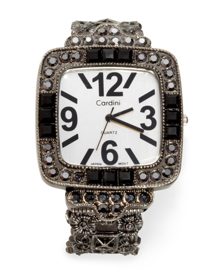 Cuff Watches - Jumbo Square Marcasite And Black Stone Cuff Watch