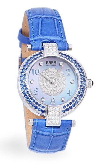 Diamond Face Watches - Stainless Steel Blue Sapphire And Diamond Round Face Effy Watch