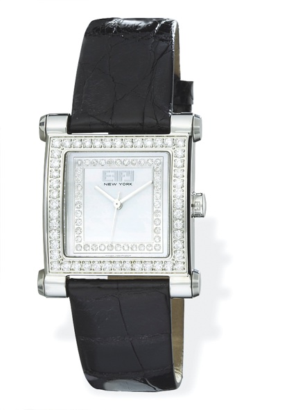 Black Diamonds - Stainless Steel Diamond Square Watch With Black Leather Crocodile Band