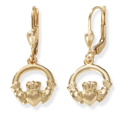 Leverback Irish Claddagh Earrings in 14k Gold